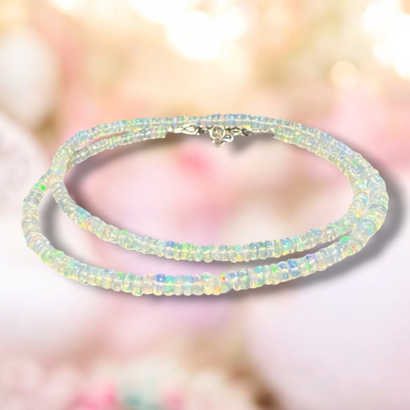 Handcraft Natural Untreated Welo Opal Necklace 14K White Gold, 14th Anniversary - Picture 1 of 10